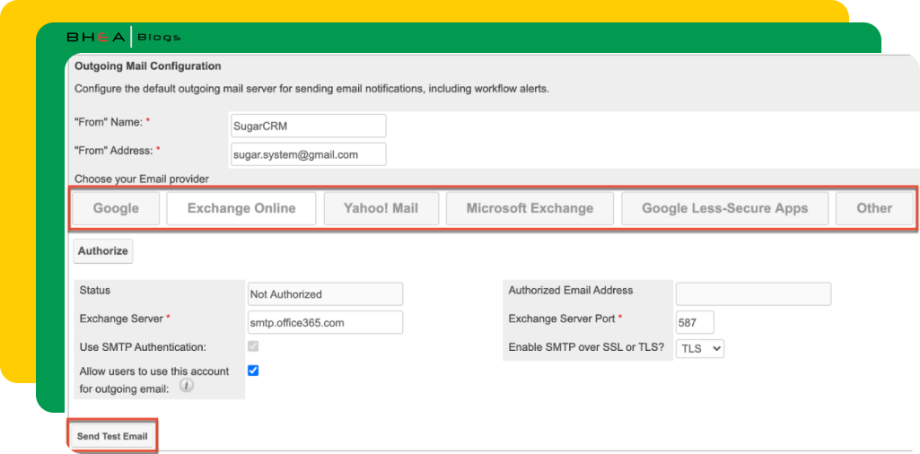 An illustration of SugarCRM Email Settings: Google Mail & Exchange Online with OAuth2